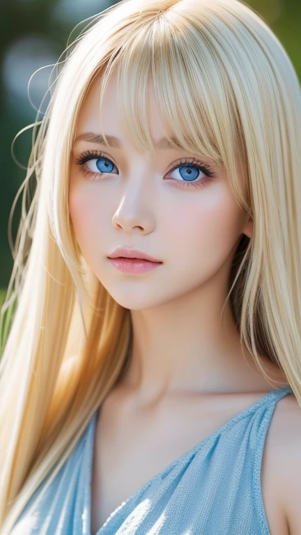 highest quality, masterpiece, (reality: 1.2), one blonde 14 year old girl, Super long, dazzling, beautiful blonde hair, Very beautiful bright light blue eyes, Front view, detailed face, Very big eyes with beautiful bangs between the eyes、blonde hair above the eyes、片blonde hair above the eyes、blonde between the eyes、white beautiful skin、Shiny skin、gross face、cheek gloss highlight、small face beautiful girl、