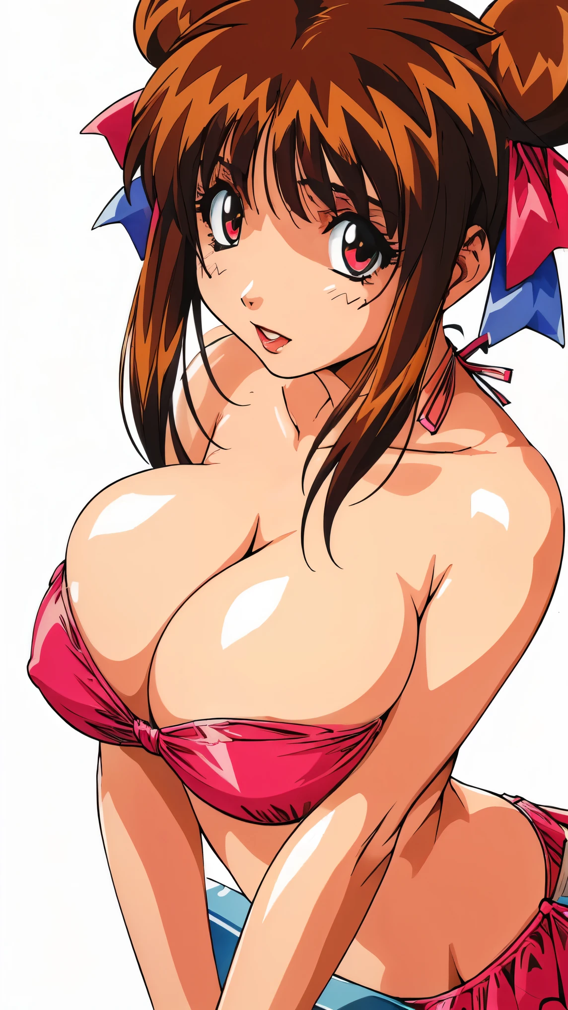 (white background:1.5),look,hair ribbon,1990s (style), retro artstyle,tooth,(strapless,bikini:1.3),(beach:1),(huge breasts:1.3)soft chest,bewitching pose,bewitching look,sexy,erotic,Chest takes off