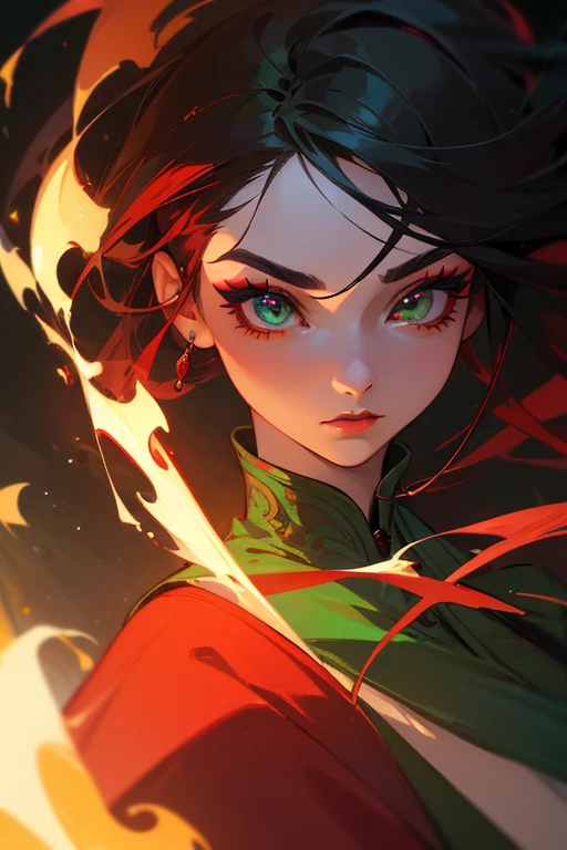 (highest quality, masterpiece:1.2), High resolution, Super detailed, realistic:1.37, fantasy, An illustration, green eyes、Fire Witch、 red dress.Platinum decoration、beautifully、Eyeshadow Red、Dark eyebrows、long eyelashes、Pupils are black、Hair is light green