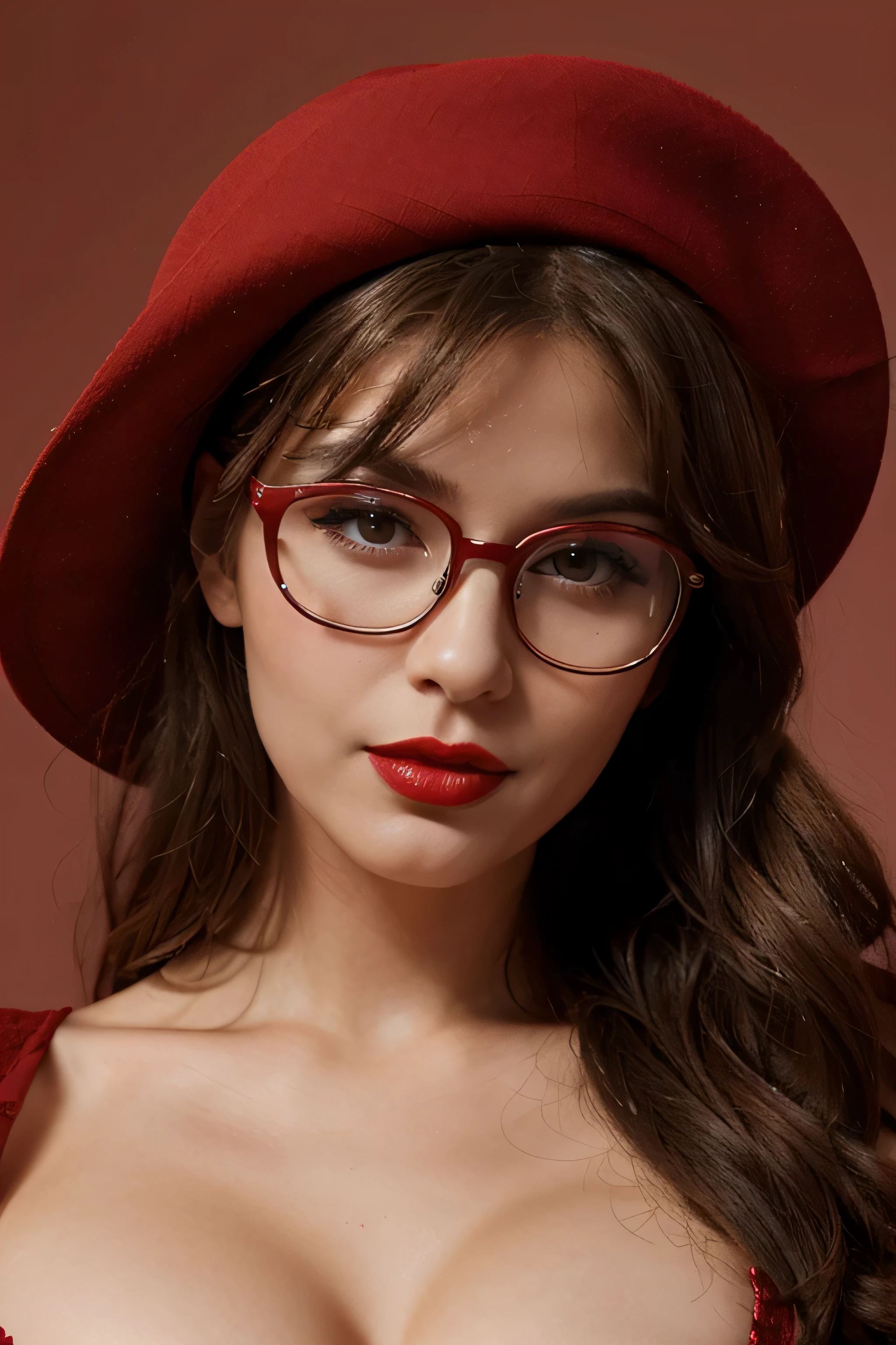A portrait picture with a hat, Glasses and red lips with a perfectly seductive look