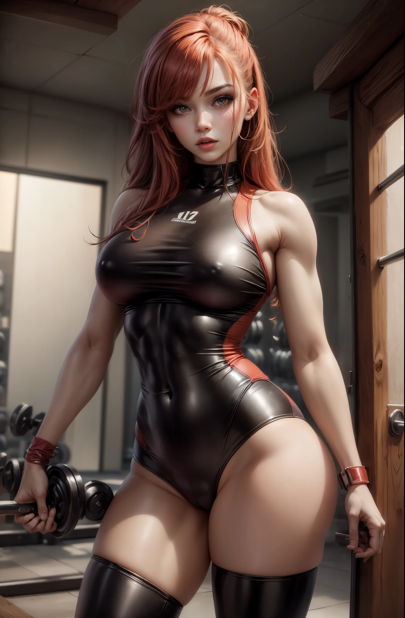high detail, wearing (tight shirt:1.2), beautiful detailed face, red hair, hazel eyes, (attractive fitness woman:1.3), (seductive:1.1), (blushing:1.1), hourglass body shape, complete shiny aerobic black and red latex bodysuit, big round breasts