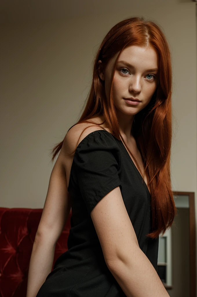 ultra highly detailed, ultra realistic, red hair, ginger, green eyes, around 21 years old, straight hair, black dress