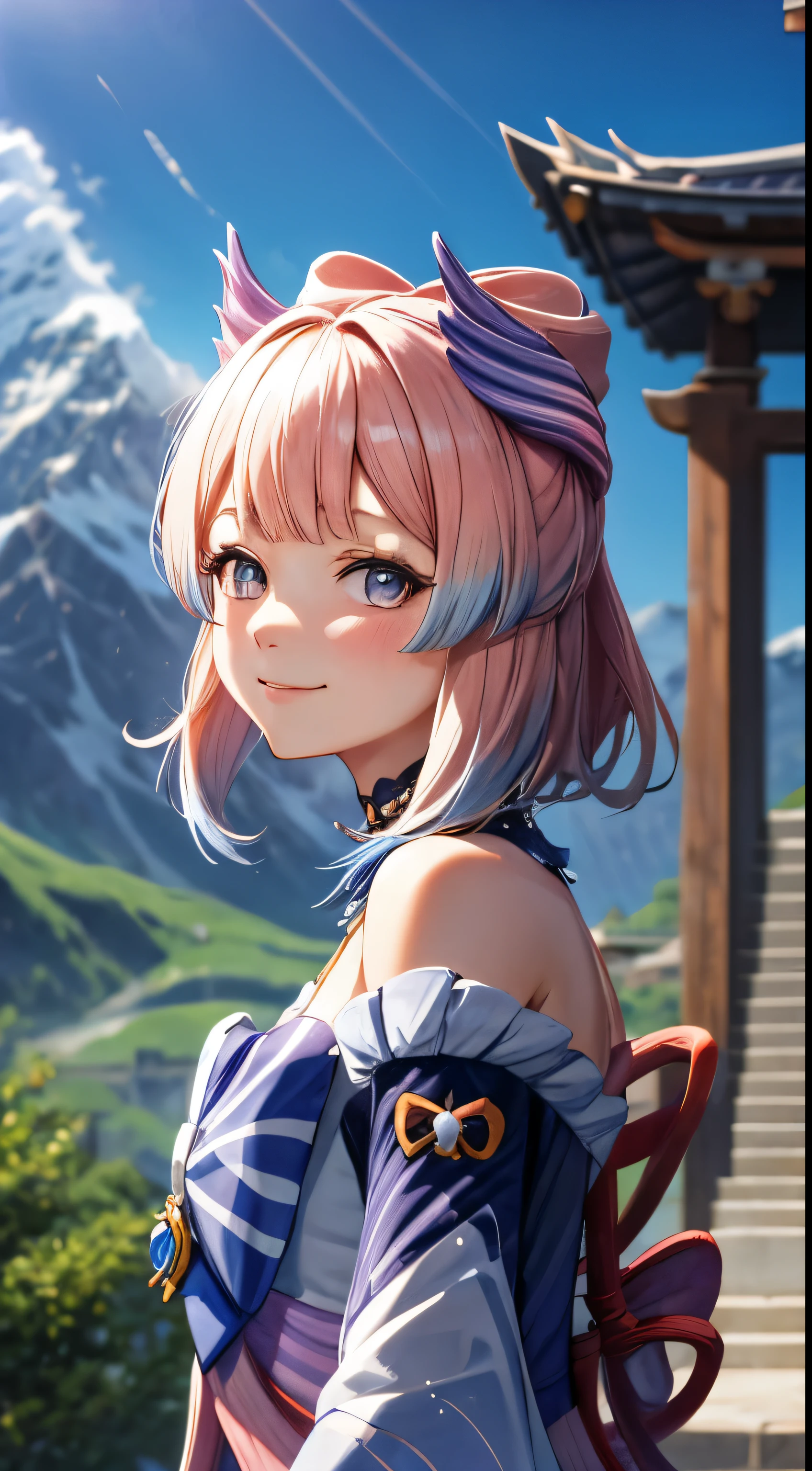 kokomidef, upper body, smile, blush, outdoors, day, simple background, blue sky, short hair, sky, temple, looking at viewer, stairs, mountain, moody lighting, facing viewer,
