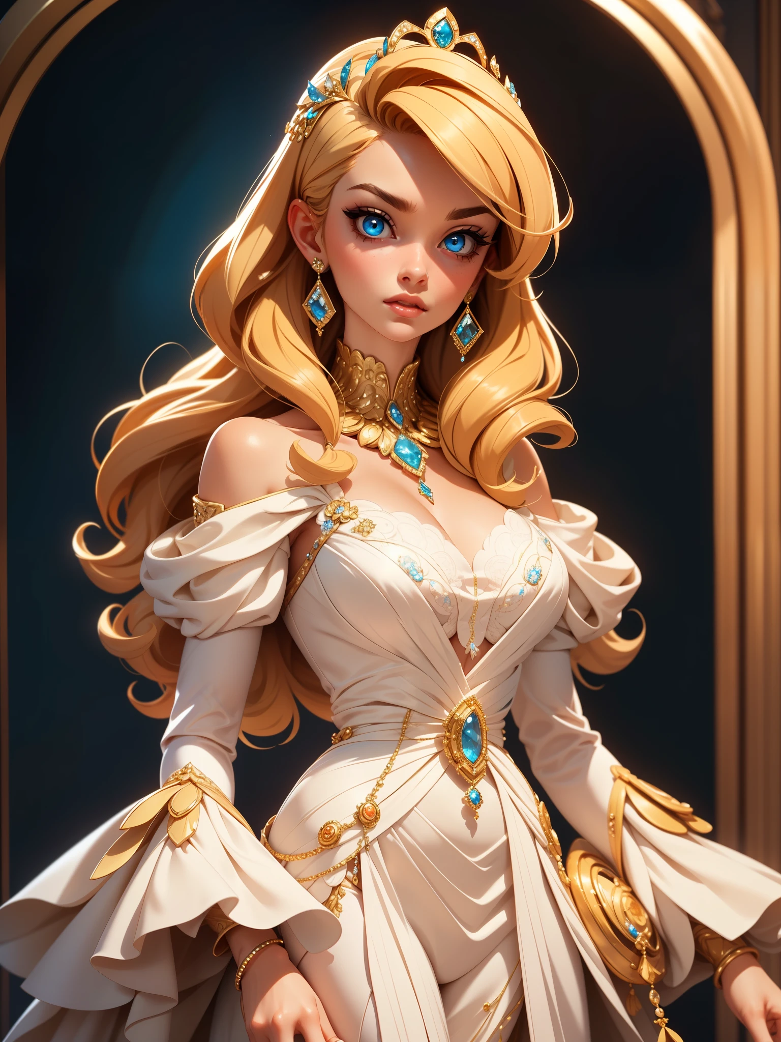 tmasterpiece,Highest image quality,Beautiful bust of a royal lady,Delicate blonde hairstyle,blue eyes,Embellished with a dazzling array of intricate jewelry,super detailing,upscaled。