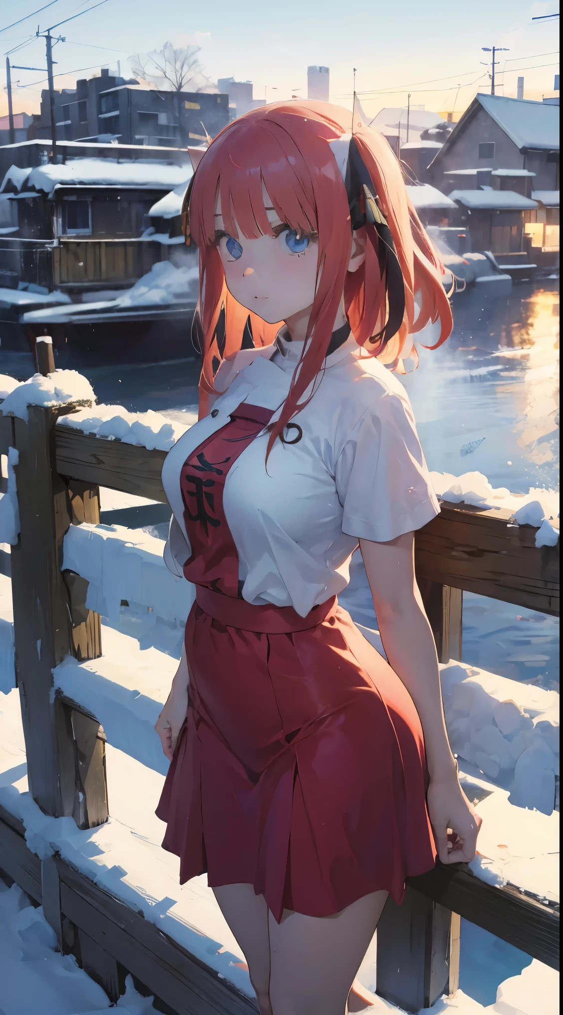 Anime girl in red skirt posing on a snowy fence - SeaArt AI