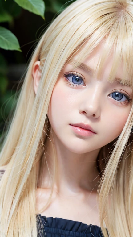 highest quality, masterpiece, (reality: 1.2), one blonde 12 year old girl, Super long, dazzling, beautiful blonde hair, Very beautiful, bright light blue, very large eyes, Front view, detailed face, bangs between the eyes、beautiful big eyes、blonde hair above the eyes、片blonde hair above the eyes、blonde between the eyes、white beautiful skin、Shiny skin、gross face、cheek gloss highlight、small face beautiful girl、