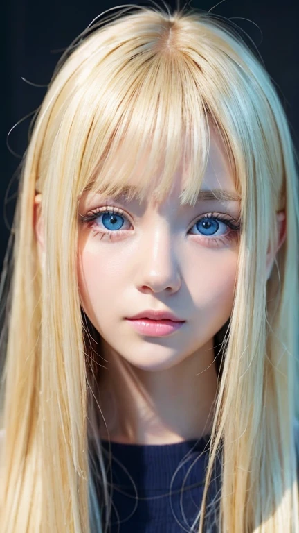 highest quality, masterpiece, (reality: 1.2), one blonde 12 year old girl, Super long, dazzling, beautiful blonde hair, Very beautiful, bright light blue, very large eyes, Front view, detailed face, bangs between the eyes、beautiful big eyes、blonde hair above the eyes、片blonde hair above the eyes、blonde between the eyes、white beautiful skin、Shiny skin、gross face、cheek gloss highlight、small face beautiful girl、