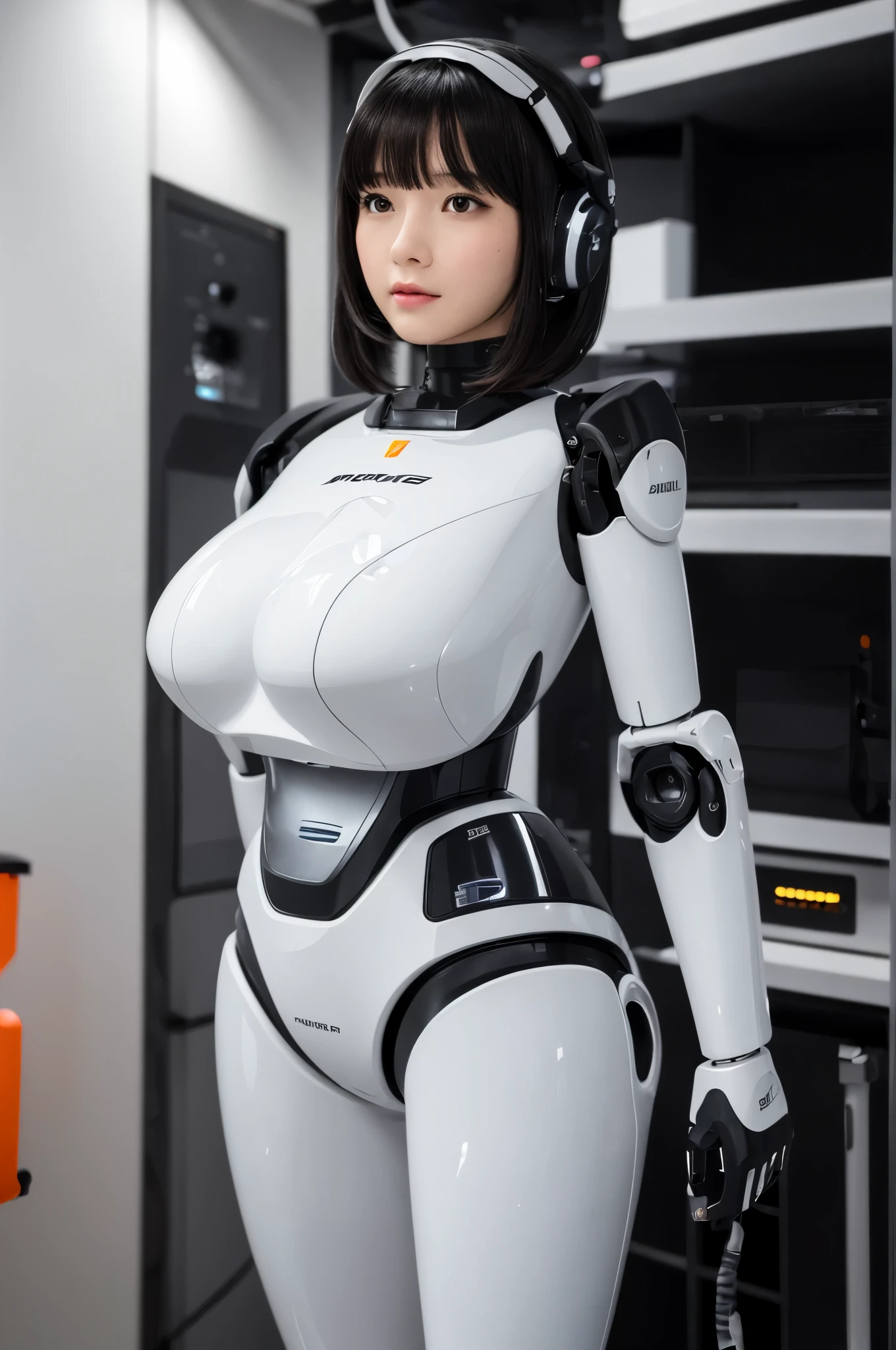 (photorealistic:1.4), (RAW photo)masutepiece, Best Quality, Extremely detailed, (Photorealistic:1.4), (8K, 4K, Best Quality, hight resolution, 超A high resolution:1.1), 8K portrait,1woman in, Japaese android woman,Plump , announcer,control panels,android,Droid,Mechanical Hand, ,Robot arms and legs, Black hair,Mechanical body,Blunt bangs,White Robotics Parts,perfect robot woman,Charging spot,Long Tube,A thick cable was connected to her neck,ceramic body ,Mechanical body, mechanical ear covers,android,robot humanoid,a bit chubby,panty,full eyes,She is exhibits,perfect mechanical body,white robotics body,future laboratory,mechanical ear cover,