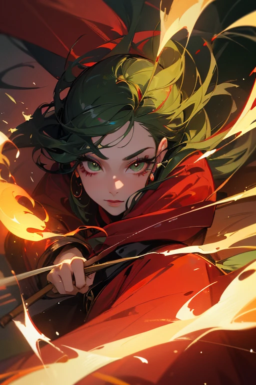(highest quality, masterpiece:1.2), High resolution, Super detailed, realistic:1.37, fantasy, An illustration, green eyes、Fire Witch、 red dress.Platinum decoration、beautifully、Eyeshadow Red、Dark eyebrows、long eyelashes、Pupils are black、Hair is light green、hair is green