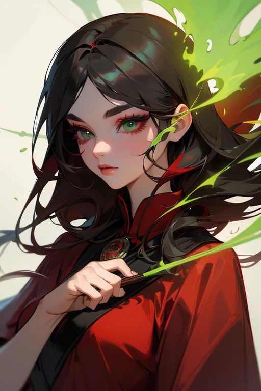 (highest quality, masterpiece:1.2), High resolution, Super detailed, realistic:1.37, fantasy, An illustration, green eyes、Fire Witch、 red dress.Platinum decoration、beautifully、Eyeshadow Red、Dark eyebrows、long eyelashes、Pupils are black、Hair is light green、hair is green