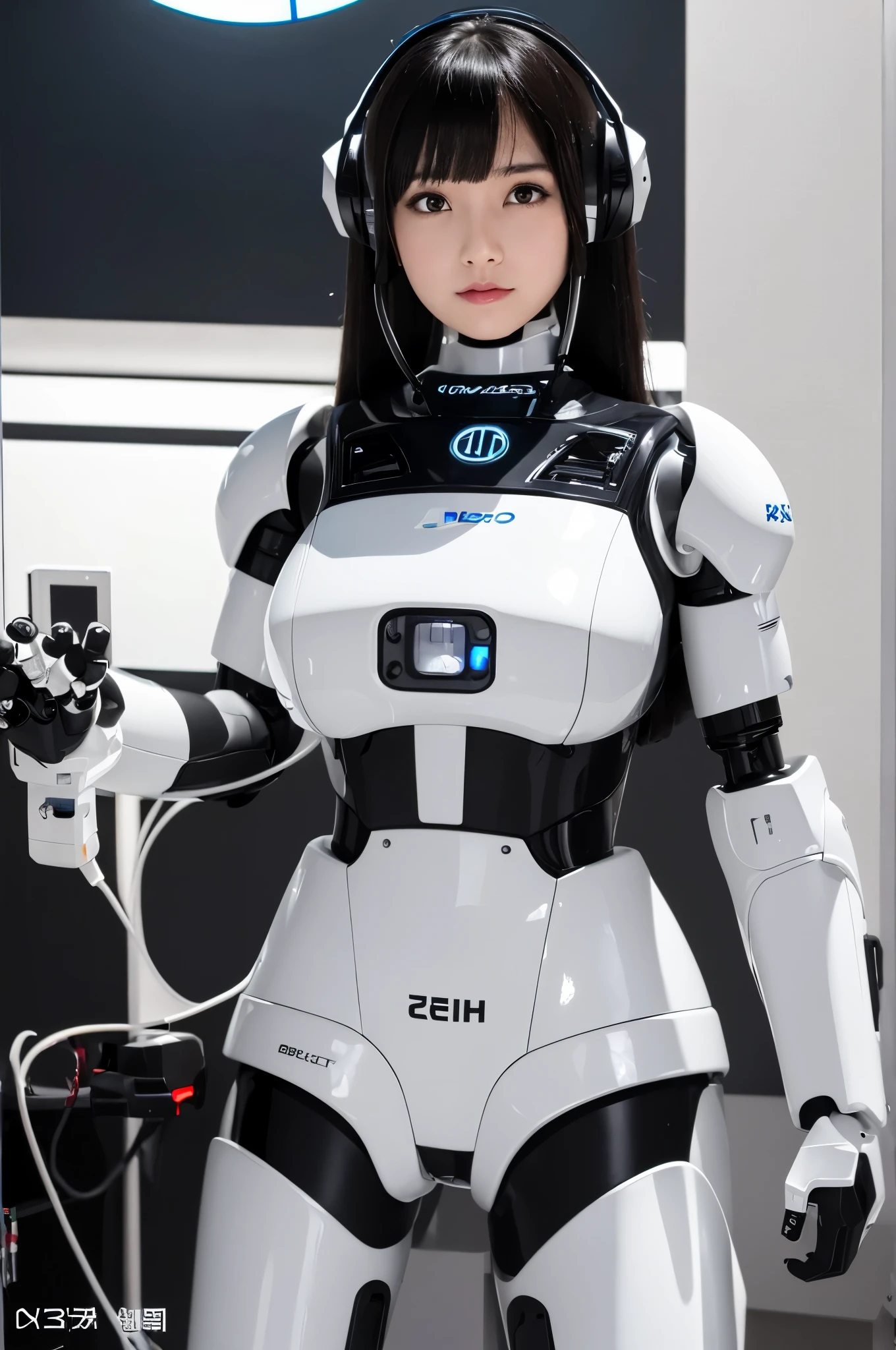 (photorealistic:1.4), (RAW photo)masutepiece, Best Quality, Extremely detailed, (Photorealistic:1.4), (8K, 4K, Best Quality, hight resolution, 超A high resolution:1.1), 8K portrait,1woman in, Japaese android woman,Plump , announcer,control panels,android,Droid,Mechanical Hand, ,Robot arms and legs, Black hair,Mechanical body,Blunt bangs,White Robotics Parts,perfect robot woman,Charging spot,Long Tube,A thick cable was connected to her neck,ceramic body ,Mechanical body, mechanical ear covers,android,robot humanoid,a bit chubby,panty,full eyes,She is exhibits,perfect mechanical body,white robotics body,future laboratory,mechanical ear cover,