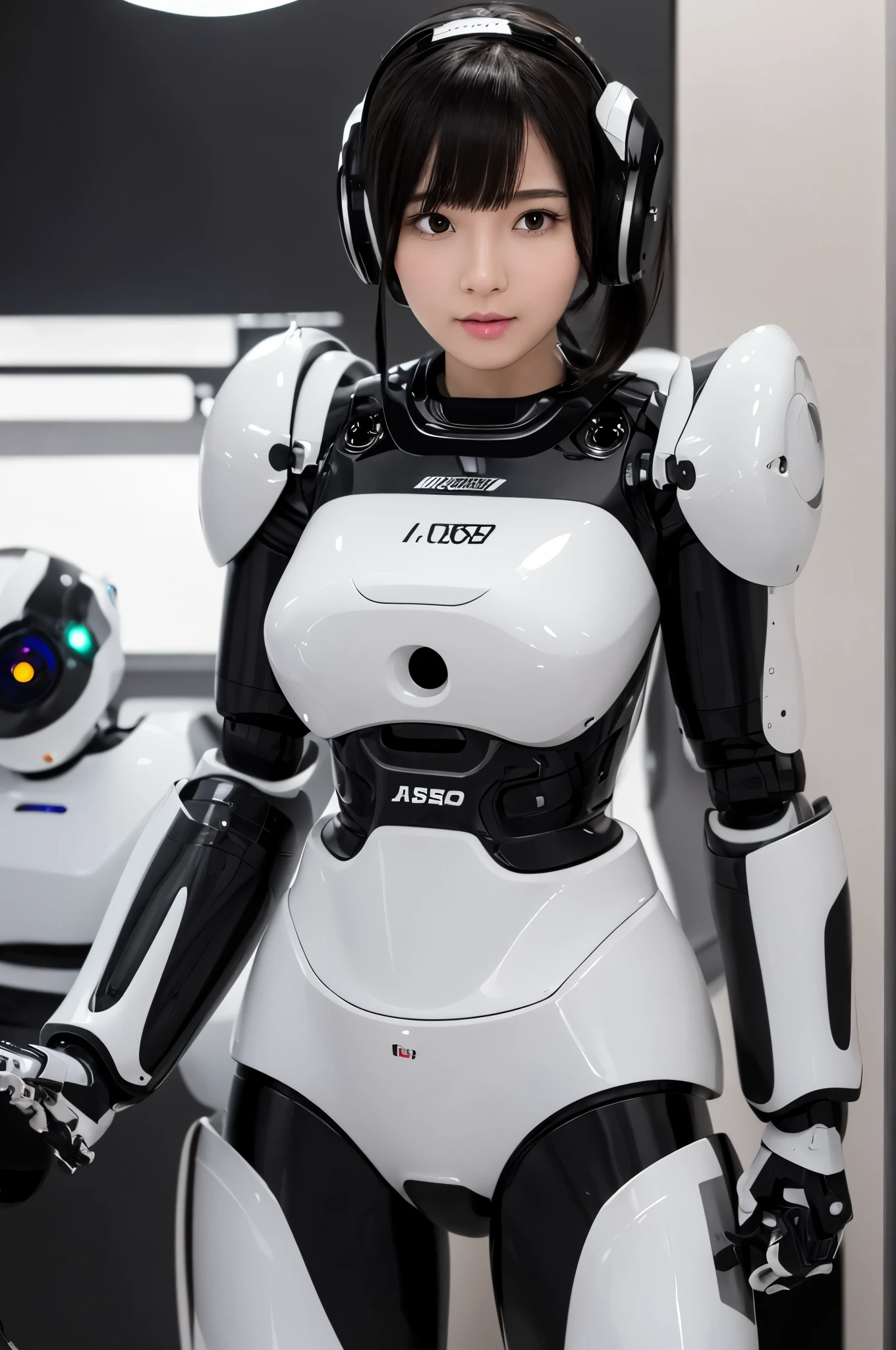 (photorealistic:1.4), (RAW photo)masutepiece, Best Quality, Extremely detailed, (Photorealistic:1.4), (8K, 4K, Best Quality, hight resolution, 超A high resolution:1.1), 8K portrait,1woman in, Japaese android woman,Plump , announcer,control panels,android,Droid,Mechanical Hand, ,Robot arms and legs, Black hair,Mechanical body,Blunt bangs,White Robotics Parts,perfect robot woman,Charging spot,Long Tube,A thick cable was connected to her neck,ceramic body ,Mechanical body, mechanical ear covers,android,robot humanoid,a bit chubby,panty,full eyes,She is exhibits,perfect mechanical body,white robotics body,future laboratory,mechanical ear cover,