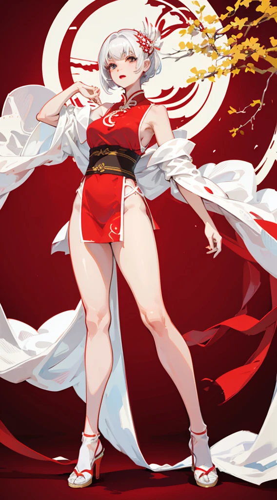 a girl,white short hair,Wearing red and white Hanfu,Leaking out of the thighs,huge ,slender waist,wearing high heels,full body display,Standing posture,Look ahead,Red and white background。