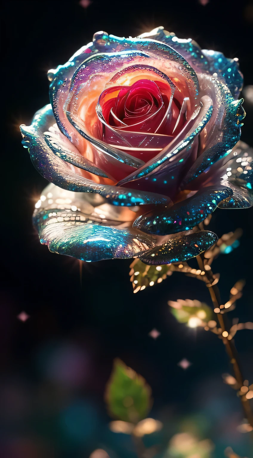 a crystal spring rose,
fantasy, galaxy, transparent,
shimmering, sparkling, splendid, colorful,
magical photography, dramatic lighting, photo realism, ultra-detailed, 4k, Depth of field, High-resolution