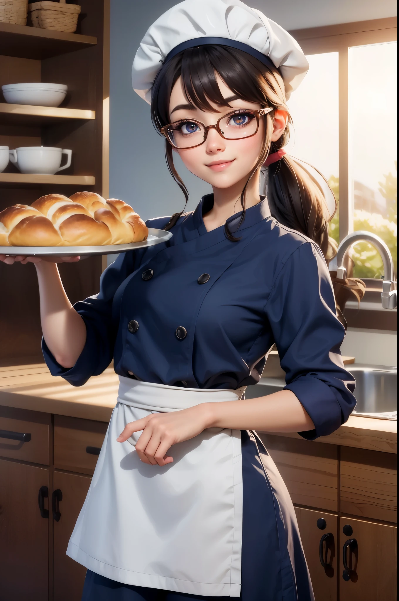 young girl, ponytail, facial hair, wear glasses, smile brightly, Happy bread, Put the bread tray in the oven., Various types of bread on a tray, Fragrant and delicious, (Enter the cute chef. (Wear a chef's hat)), in the kitchen, anime, High quality