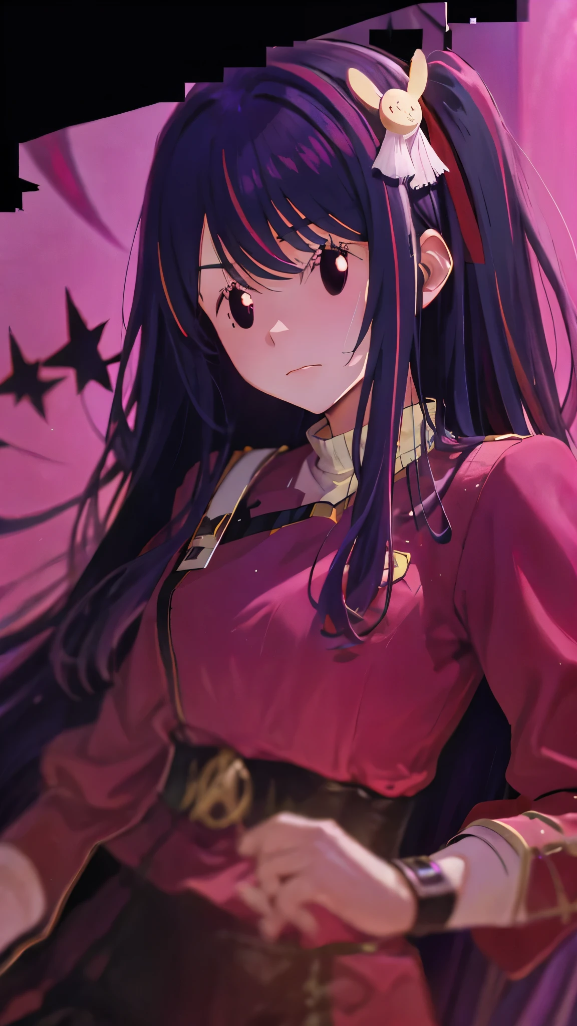 1 fullframe Hoshino Ai, long hair, purple hair, streaked hair ,purple eyes, star-shaped pupils, hair ornament, esyes closed hurt expression  twokunf uniform