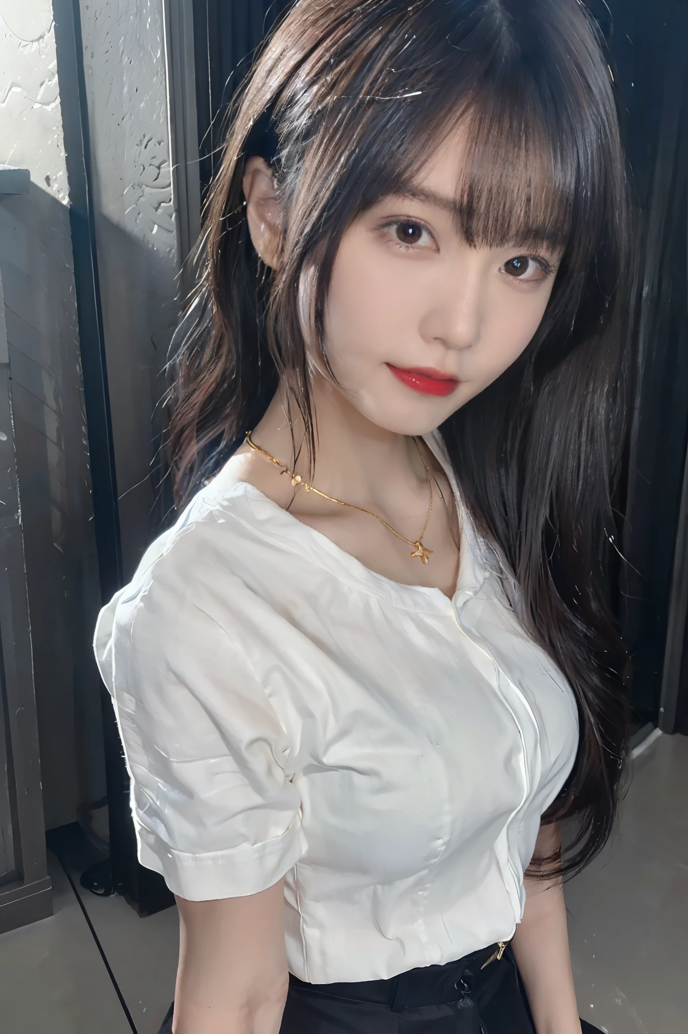 a 20 yo woman、Black blue Hair、poneyTail、(hi-top fade:1.3)、dark themed、Muted Tones、Subdued Color、highly contrast、(natural skin textures、Hyper-Realism、Soft light、sharp)、makeup, mascara, Lips are subdued or colors, simple black background, Minimalism, monotone, simple color palettes, Clean, sharp designs, flowing silhouettes, Tight skirts and pants, high-waisted skirts and pants, simple dresses, shirts and blouses, asymmetrical, geometric, Elegant and luxurious materials and designs, Simple, minimal accessories, Slim necklaces and rings in silver or gold, Simple bangles, Distinctive designs, simple silhouettes, simple and sophisticated style, elegance, minimalism, high quality materials, cool and urban impression, high fashion, simplicity and sophistication,Santa Costumes、Christmas、Christmas cosplay、The background is a Christmas tree、