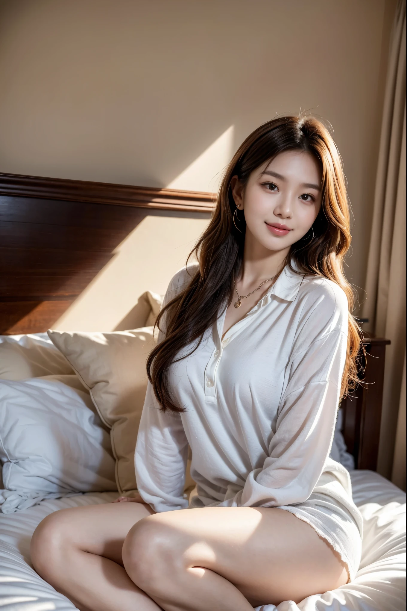 (Masterpiece, BestQuality:1.3),Best picture quality, 8K, detailed facial description, detailed eye description, brown hair (wavy long), Korean beauty, 21 years old, sitting on bed wearing large white collared shirt with underwear visible, no pants on but no part visible, bare skin, perfect figure, medium height, sitting with legs spread, seductive smile, colorful earrings, necklace,