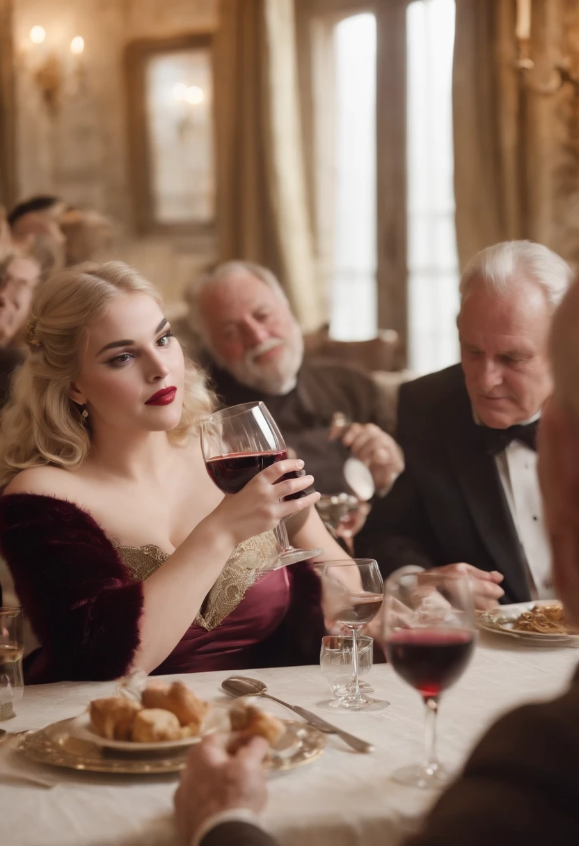 A blonde hairy chubby girl with High hells and venetian mask drinking wine at a table with a group of older Rich men, date, passion