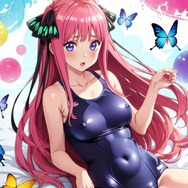 masterpiece, best quality, ultra detailed, best illustration, nsfw, 1girl, one-piece swimsuit, nakano nino, pink hair, butterfly hair ornament