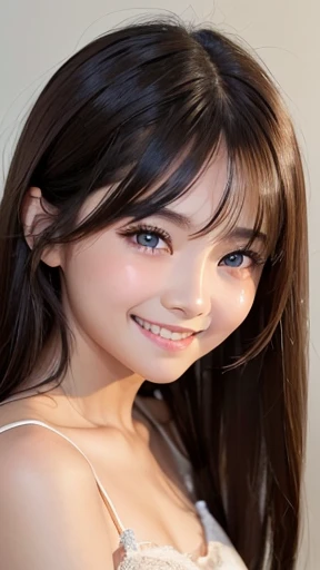 1 girl、smooth skin、(((happy smile)))、gaze towards the viewer、cute girl with beautiful face、(10 years old)、pointed chest、long eyelashes、colored contact lenses、big 、Delicate、very fine eyes、(thin eyebrows)、very very detailed face、((brunette tousled hair))、Girl posing