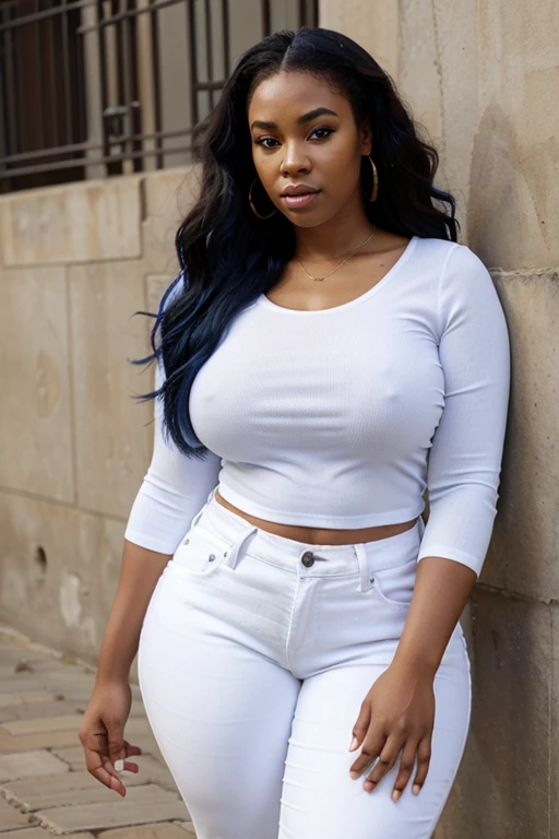 beautiful african american plussize women, white top and blue jeans