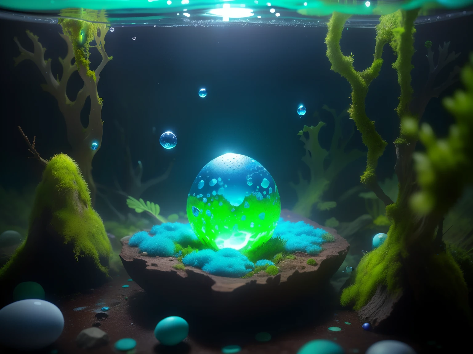 in a mossy hole lies a blue egg with a green base, Lighting caustics from above, Inner Glass Ball, Made from glowing wax and ceramic, Moss ball, glowing moss, Glowing water with caustic, water bubble, Diorama macro photography, extreme closeup, dew, Filled with bioluminescence, Key hole on blue ball