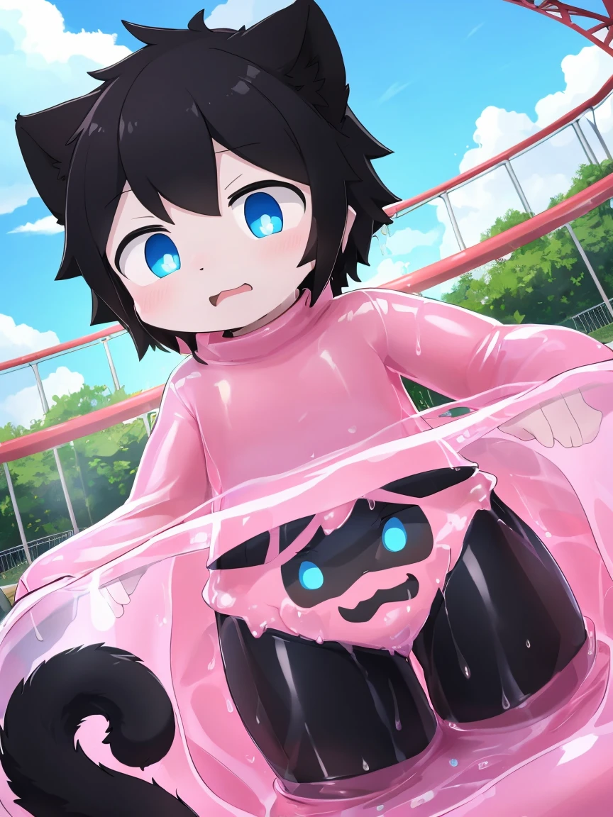 4K，8k，high resolution，masterpiece, best quality，blue eyes, hairy, alone, Wearing a pure pink slime suit， wet fur, Pink slime drowned，((black cat，Shota))In the amusement park，black cat贴史莱姆身上，in a slime ball，Enter the slime ball