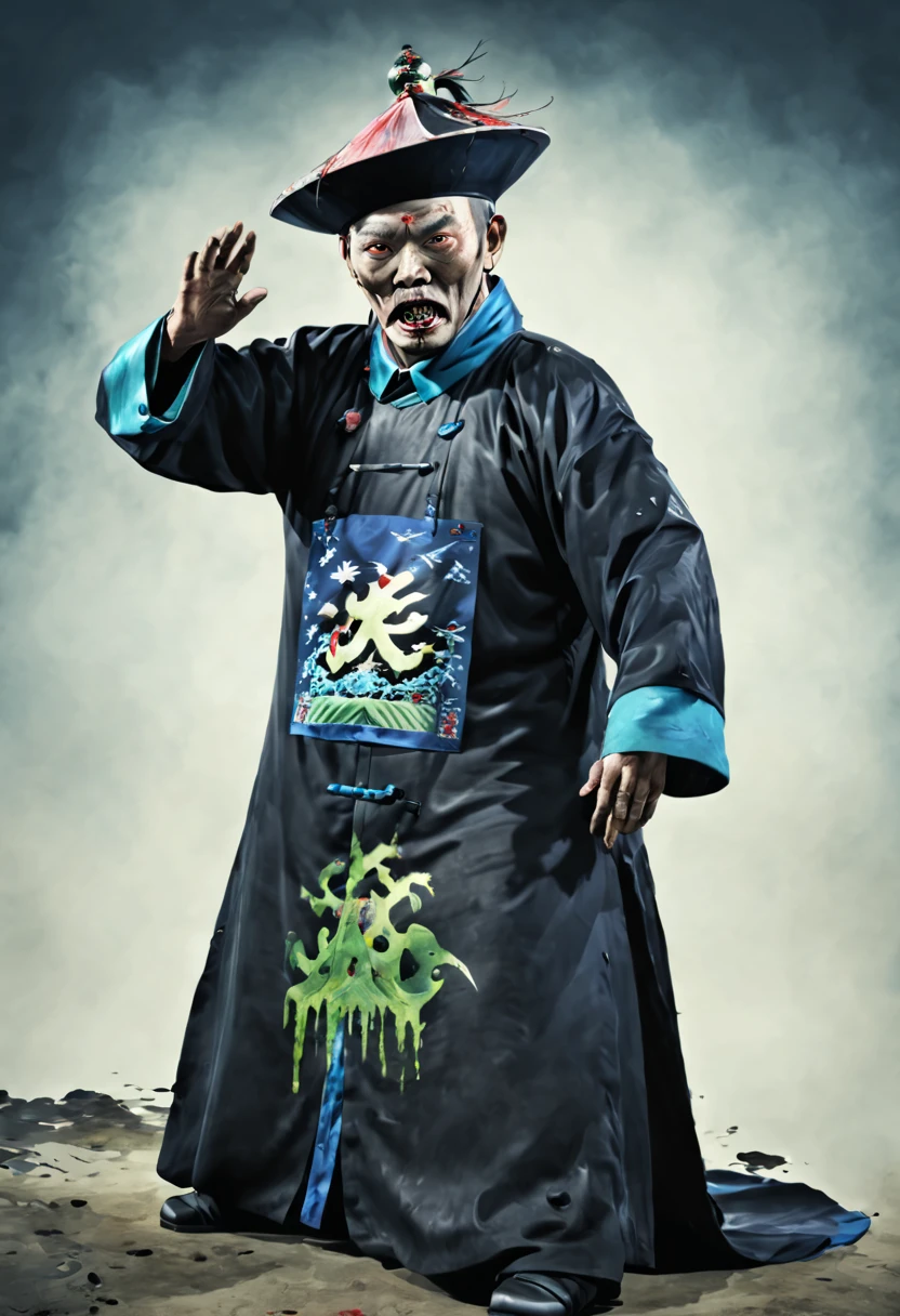 A tall big terrifying Qing Dynasty zombie wears zombie_hat its both hands is up without loincloth and with the black Official uniform of a mandarin from Qing dynasty which jiangshi are usually portrayed wearing (stills:1.5), (poster:1.5), (Ink painting and watercolor:1.5),(actual),((masterpiece), (best quality), super high resolution, Excellent details, dramatic lighting, high resolution, 8k, ridiculous,Chinese building, Chinese tower, obsolete , (Chinese_clear_zombie:1.5),The color palette is dark and ominous, Create an atmosphere of fear. The overall composition reflects the ink elements of Asian horror posters and traditional Chinese aesthetics , (Delete Exclude without Japanese and Korean styles).