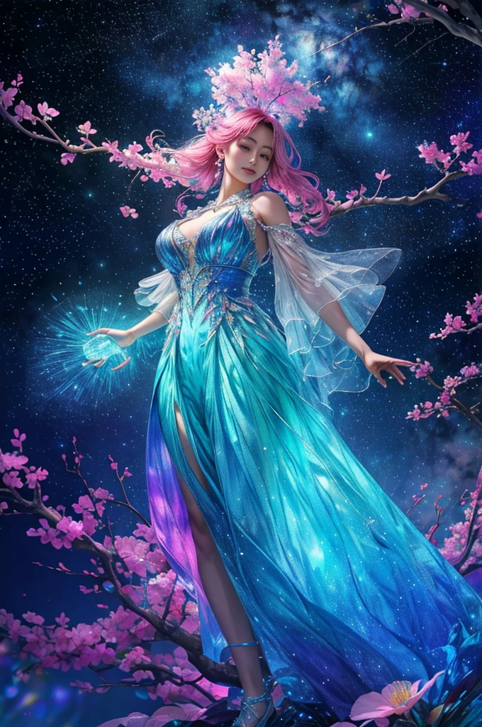 woman with crystal water bottle，(Made of rainbow crystal)，bioluminiscent creature,(peach blossom),(On delicate branches)、intricate artwork . Rendering with Octane, Trending at Art Station,T symmetrical artwork. night,starry sky,starlight, cinematic, ultra realistic realism, high detail, Rendering with Octane, 32K, bright colors, broken glass effect, no background, wonderful, What doesn't exist, wonderful existence, energy, molecular, textured, Iridescent colors and emission scales, pure perfection, The existence of God, Unforgettable, impressive, volume light, There is a cleavage, light, bright colorsの反射