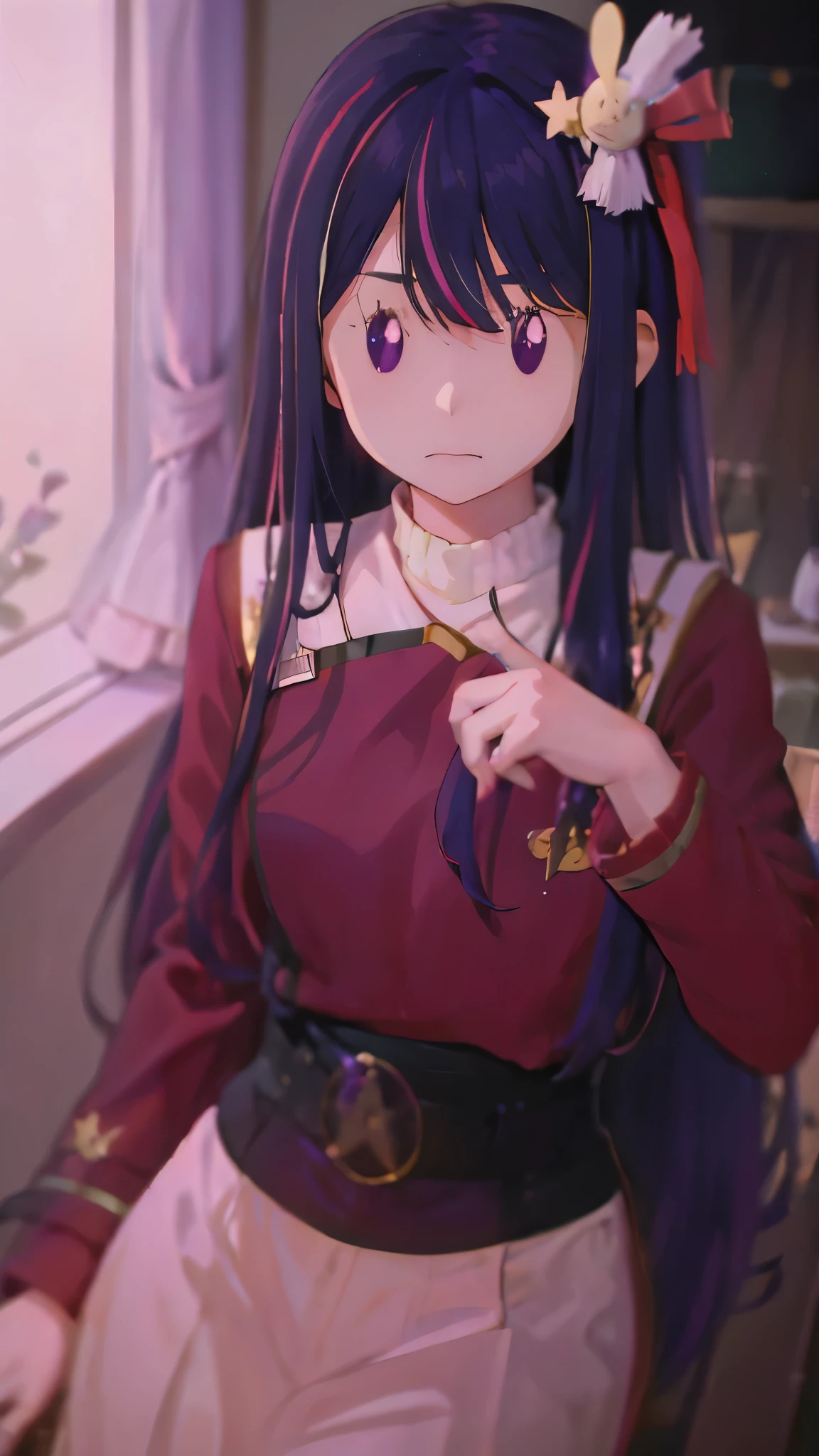 1 fullframe Hoshino Ai, long hair, purple hair, streaked hair ,purple eyes, star-shaped pupils, hair ornament, esyes closed hurt expression  twokunf uniform