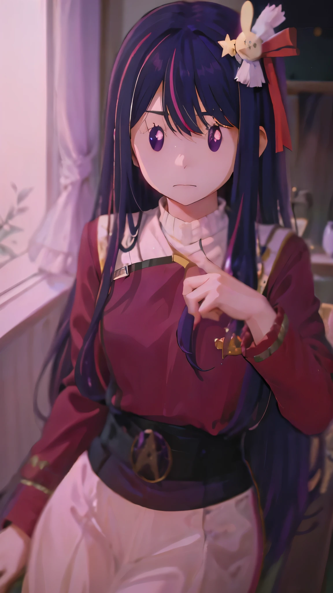 1 fullframe Hoshino Ai, long hair, purple hair, streaked hair ,purple eyes, star-shaped pupils, hair ornament, esyes closed hurt expression  twokunf uniform