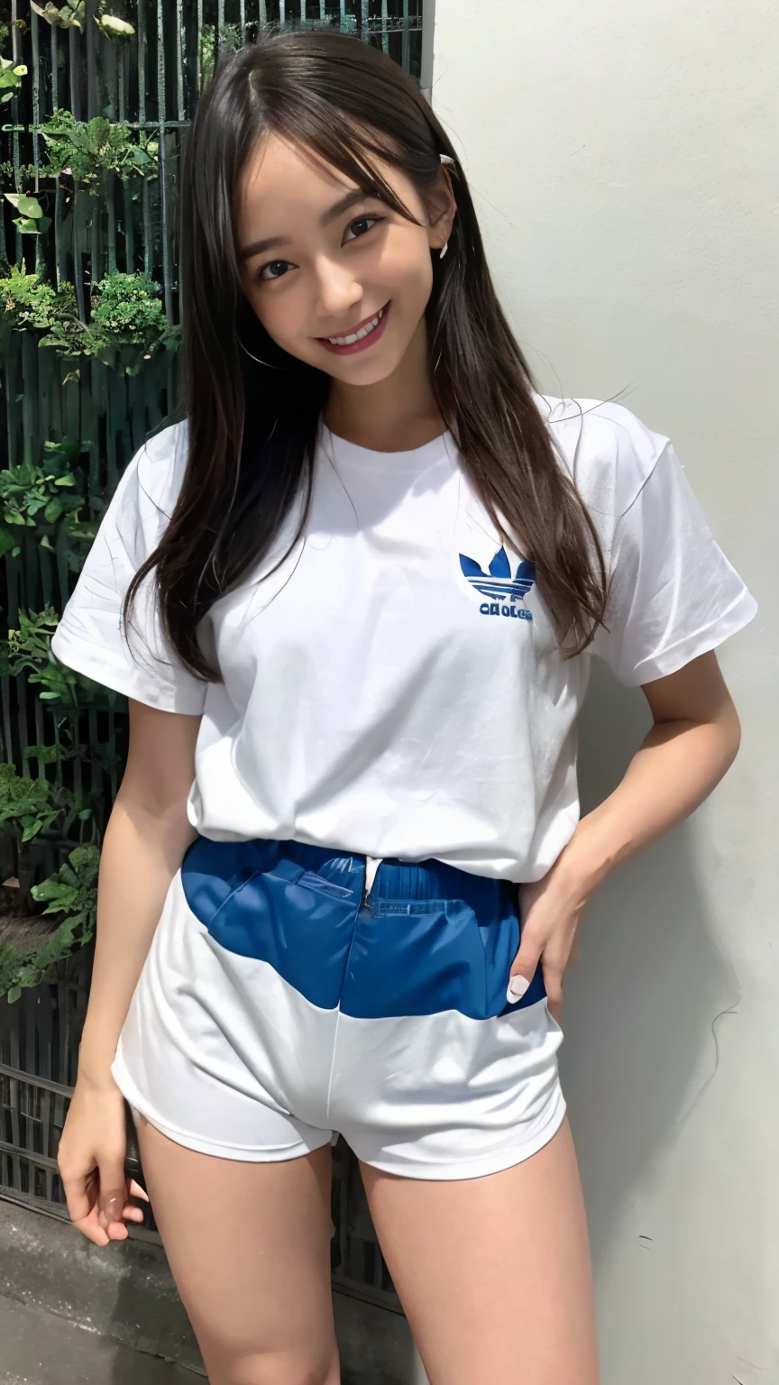 (smile:1.2), There is a woman in a white shirt and blue shorts, 80s sport clothing, clothes in the style of 1990, wearing adidas clothing, 1980's Minimal, dressed in a white t-shirt, 1980s catalogue photo, Clothed.1990's, 90s japan, Beautiful images