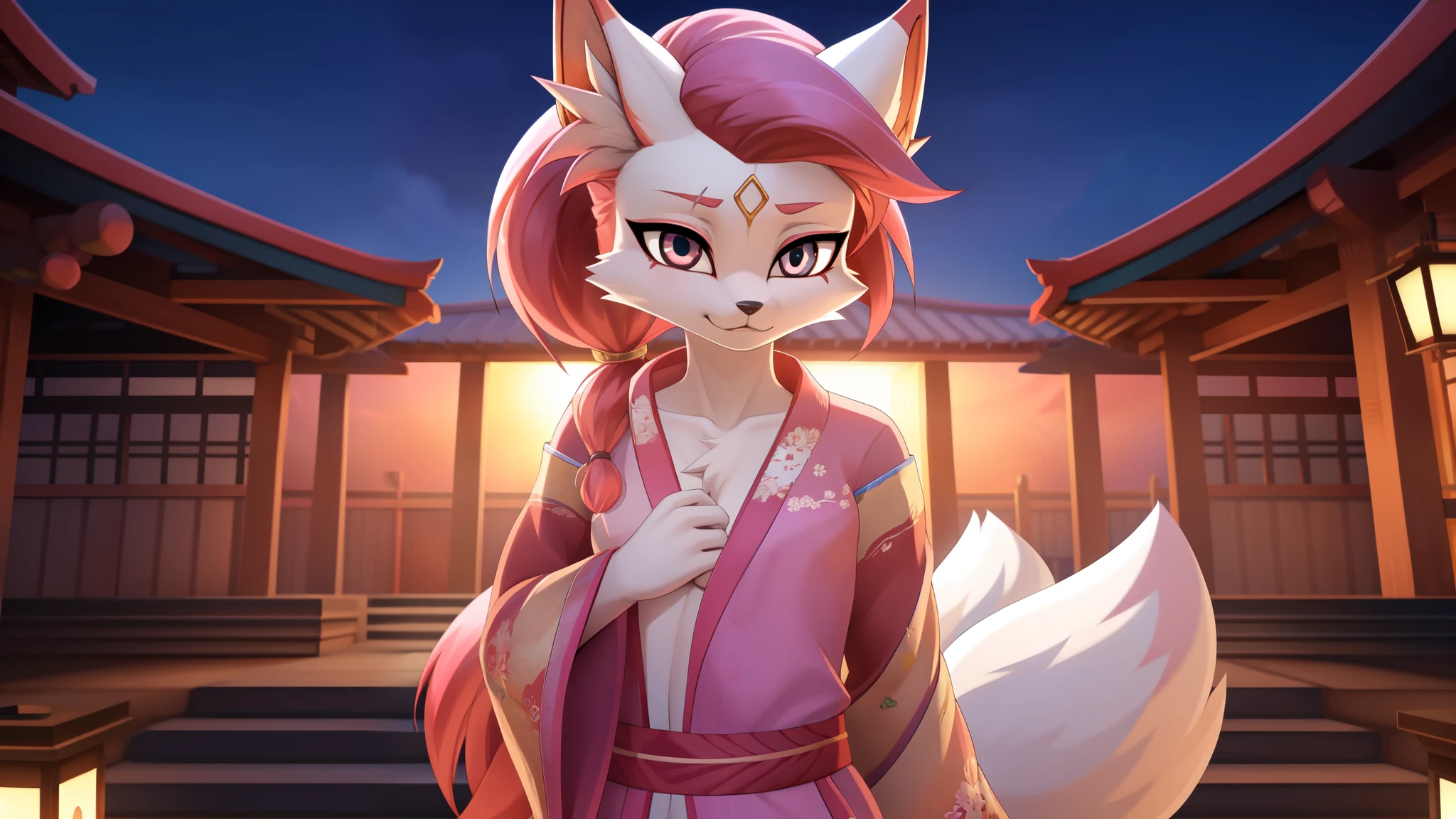 kimiko, furry female anthro, fox girl, white body fur, Pink hair, ((pink kimono, close kimono)), small breasts, :3, multiple tails, multi tail, solo, body fur, (best quality), cinematic lighting, looking at viewer, anime style, short ponytail, scar on the eye, 2D, detailed background, detailed background, best quality, ultra detail, good lighting, solo, high quality, detailed body, detailed eyes, detailed face, masterpiece, glistening body, shiny body, detailed body fur, best quality, perfect lighting, perfect shadows, perfect eyes, perfect hair, perfect face, gorgeous body, :3, clear sky, japanese temple on background, 