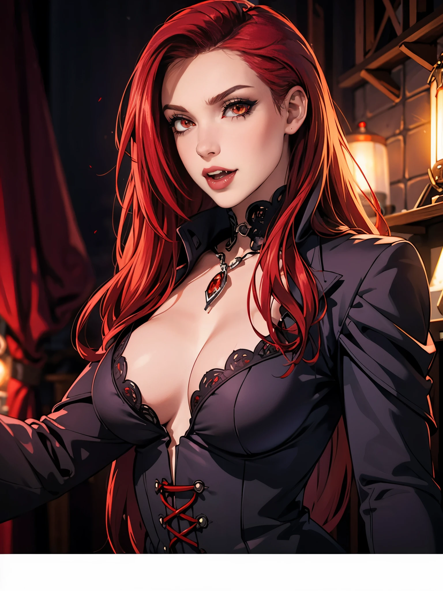 High vampire female, goth Renaissance, Red hair, long hair, intricate, white glowing eyes, fantastical, vampire, fangs, hyper detailed, 32k resolution, volumetric lighting, hyper detailed, intricately detailed, Unreal Engine 5, volumetric lighting