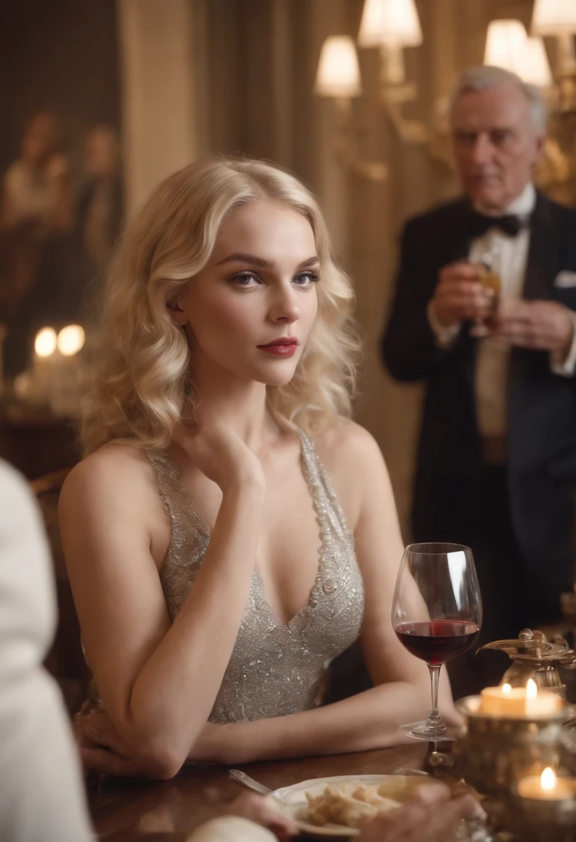 A blonde hairy girl, big ass, with High hells and venetian mask drinking wine at a table with a group of older Rich men, date, passion