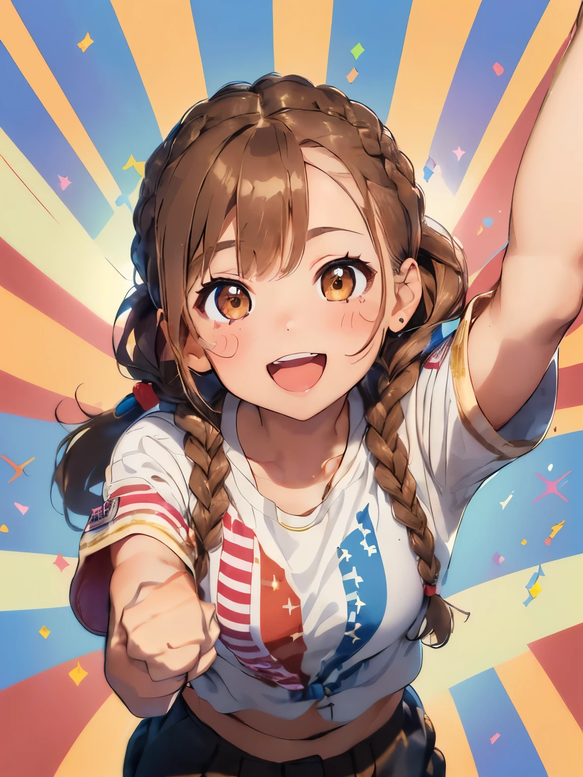 ((light brown hair)),((brown eyes)),((Braided shorthair)),((With bangs)),((fashion//Casual American coordinate:1.3)),((🇺🇸:1.25)),((Colorful and happy background:1.35)),(blush),((Open mouth and big smile:1.2)),(close up of face:1.3),((look up:1.5)),((Angle from directly above:1.4)),((Raise your arms high and do a fist pump:1.4)),(confetti:1.2)