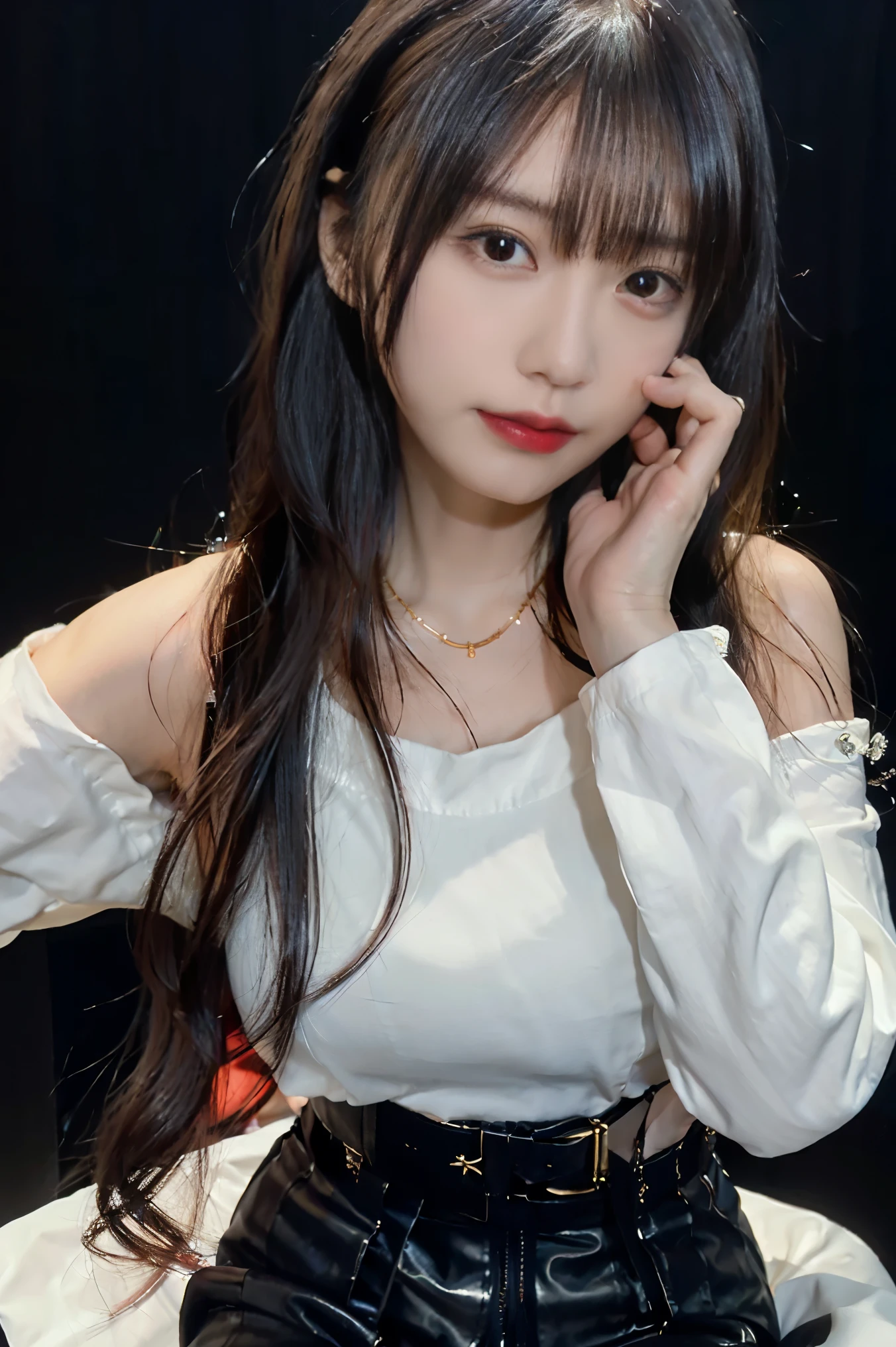 a 20 yo woman、Black blue Hair、poneyTail、(hi-top fade:1.3)、dark themed、Muted Tones、Subdued Color、highly contrast、(natural skin textures、Hyper-Realism、Soft light、sharp)、makeup, mascara, Lips are subdued or colors, simple black background, Minimalism, monotone, simple color palettes, Clean, sharp designs, flowing silhouettes, Tight skirts and pants, high-waisted skirts and pants, simple dresses, shirts and blouses, asymmetrical, geometric, Elegant and luxurious materials and designs, Simple, minimal accessories, Slim necklaces and rings in silver or gold, Simple bangles, Distinctive designs, simple silhouettes, simple and sophisticated style, elegance, minimalism, high quality materials, cool and urban impression, high fashion, simplicity and sophistication,Santa Costumes、Christmas、Christmas cosplay、The background is a Christmas tree、