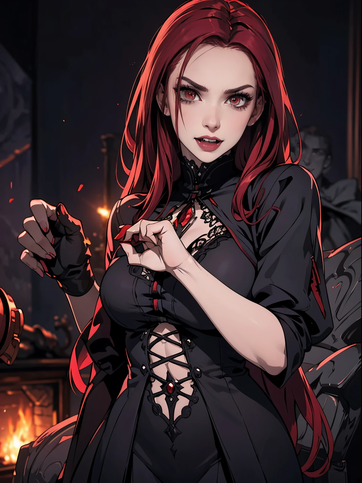 pale face, High vampire female, goth Renaissance, red hair, long hair, intricate, dark dress, glowing eyes, fantastical, vampire, fangs, hyper detailed, 32k resolution, volumetric lighting, hyper detailed, intricately detailed, Unreal Engine 5, volumetric lighting, monochrome backgound