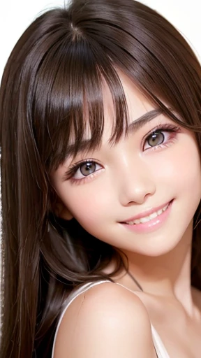 1 girl、smooth skin、(((happy smile)))、gaze towards the viewer、cute girl with beautiful face、（10 years old）、pointed chest、long eyelashes、colored contact lenses、big 、Delicate、very fine eyes、（thin eyebrows）、very very detailed face、((brunette tousled hair))、Girl posing