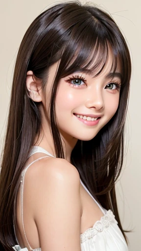 1 girl、smooth skin、(((happy smile)))、gaze towards the viewer、cute girl with beautiful face、（10 years old）、pointed chest、long eyelashes、colored contact lenses、big 、Delicate、very fine eyes、（thin eyebrows）、very very detailed face、((brunette tousled hair))、Girl posing