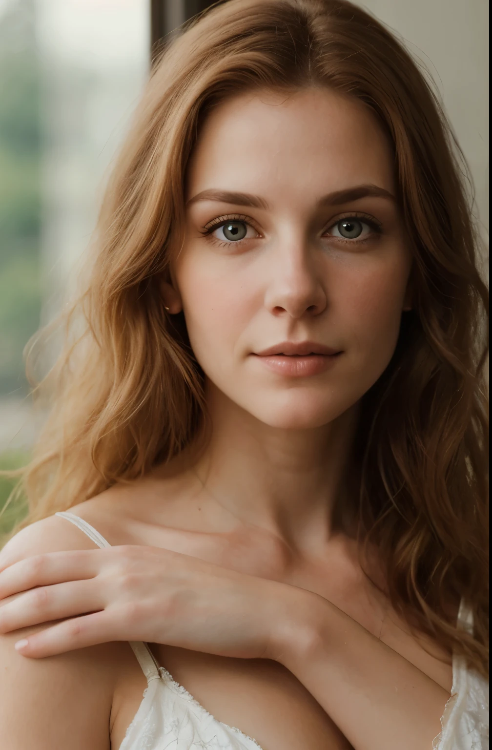 (Realistic:1.2), analog photo, RAW, about 30 year old women with ginger hair, open hand parallel to the right side of the head, soft natural light, detailed face and eyes, Great quality, masterpiece, background room, Quality: 16K