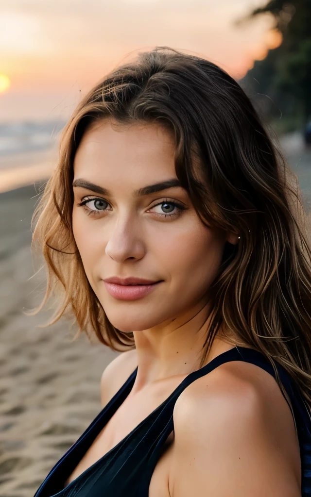 Beautiful brunette with blonde highlights, (22 Jahre alt, Gesicht unschuldig, Natural wavy hair, blaue Augen), ((wearing a black tank top)), (Bei Sonnenuntergang am Strand), Sehr detailiert, 21 Jahre alt, Unschuldiges Gesicht, Natural wavy hair, blaue Augen, high resolution, Meisterwerk, best quality, Komplizierte Details, Sehr detailliert, scharfer Fokus, detaillierte Haut, realistisch skin Textur, Textur, detaillierte Augen, Fachmann, 4K, charming smile, mit Kanone gedreht, 85mm, shallow depth of field, Kodak Vision Farbe, perfectly fitting body, Extremely detailed, Foto_\(Ultra\), photorealistisch, realistisch, Nachbearbeitung, Maximale Detailgenauigkeit, Rauheit, wahres Leben, Ultra realistisch, Fotorealismus, Fotografie, 8K UHD, Fotografie INFO