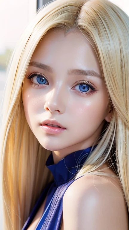 highest quality, masterpiece, (reality: 1.2), one blonde 12 year old girl, Super long, dazzling, beautiful blonde hair, Very beautiful, bright light blue, very large eyes, Front view, detailed face, bangs between the eyes、beautiful big eyes、blonde hair above the eyes、片blonde hair above the eyes、blonde between the eyes、white beautiful skin、Shiny skin、gross face、cheek gloss highlight、small face beautiful girl、
