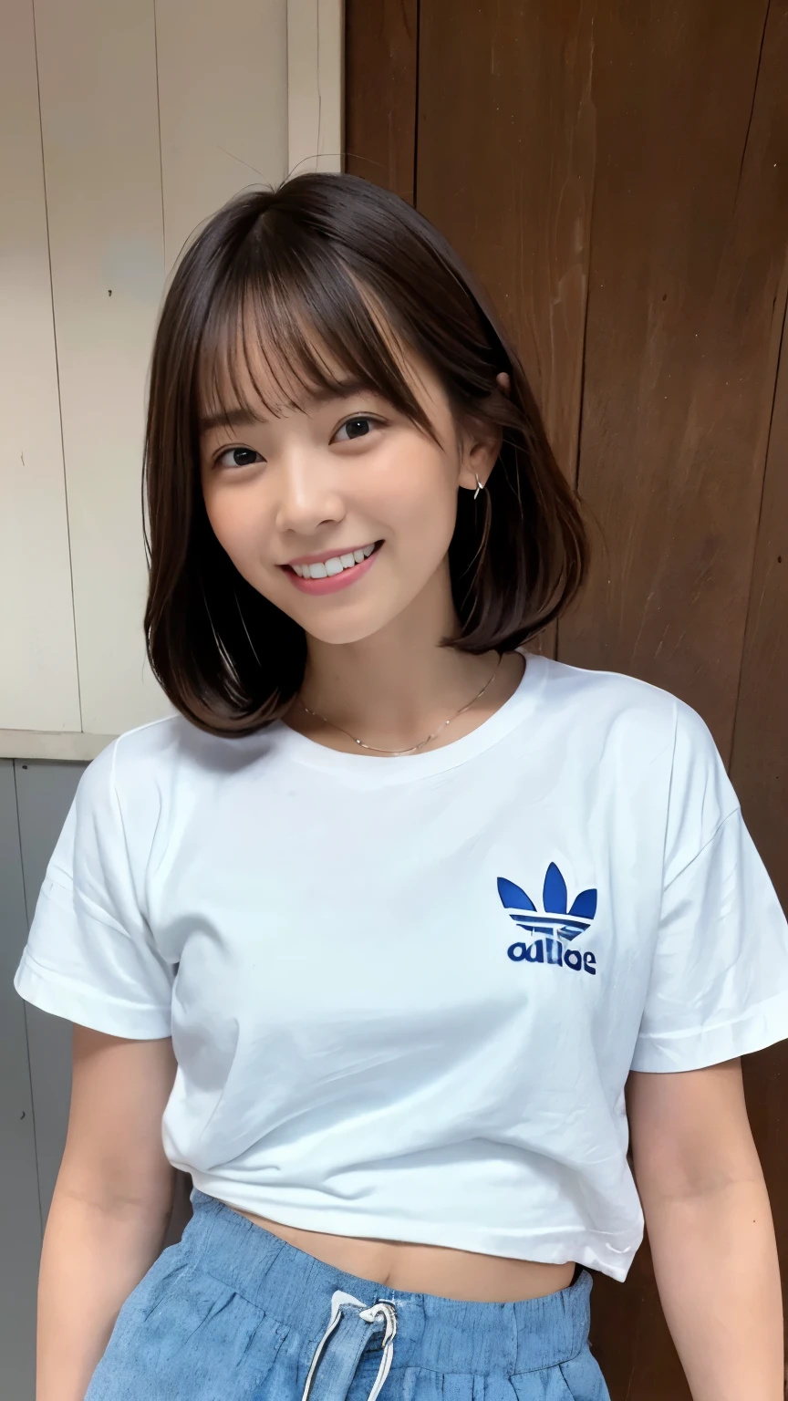 (smile:1.2), There is a woman in a white shirt and blue shorts, 80s sport clothing, clothes in the style of 1990, wearing adidas clothing, 1980's Minimal, dressed in a white t-shirt, 1980s catalogue photo, Clothed.1990's, 90s japan, Beautiful images