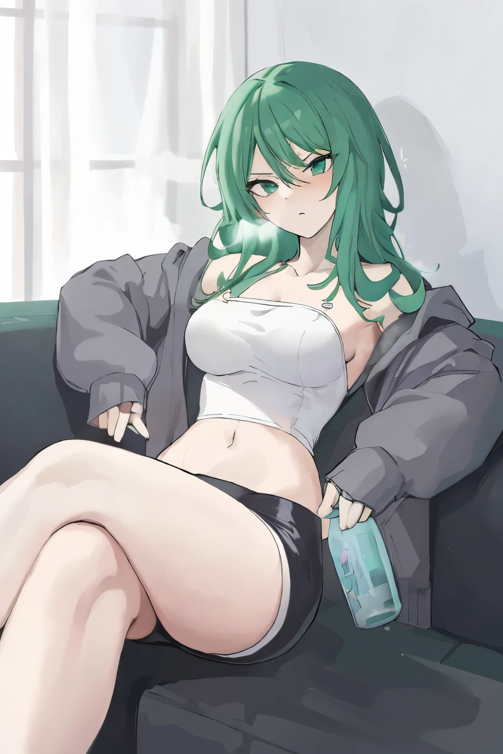 Menina anime with green hair sitting on a couch with a bottle, seductive Menina anime, Tatsumaki from one punch man, rogue  anime, Tatsumaki, attractive  anime,  anime, mikudayo, an  anime,  anime with teal hair, mais bem avaliado no pixiv, melhor garota de anime, mulher anime, ( anime), anime waifu