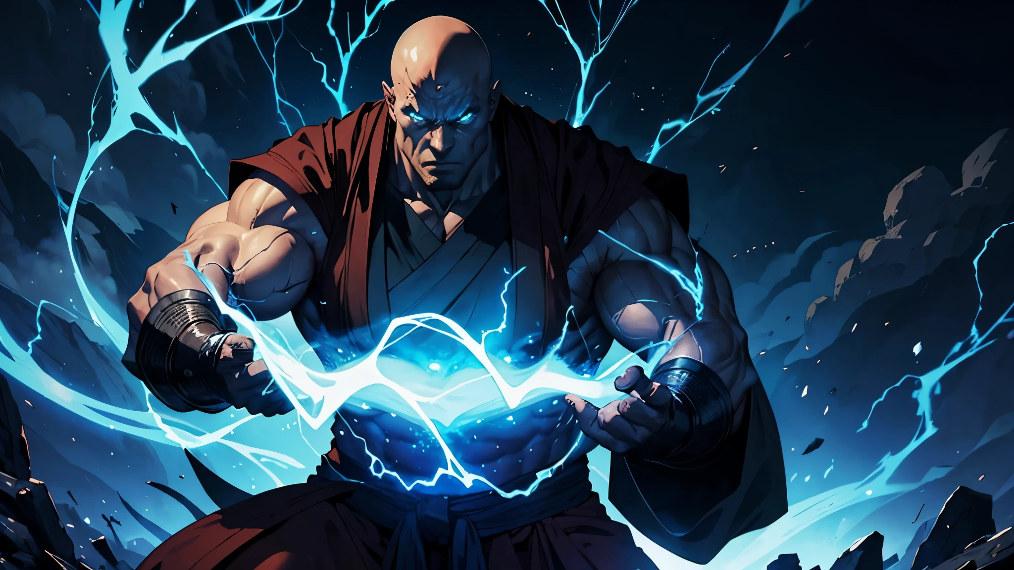 A monk with evil shadow behind, big muscular body,dark background, thunder striking, blue fire power in hand, evil look, no blur, volcanic land, monk clothes