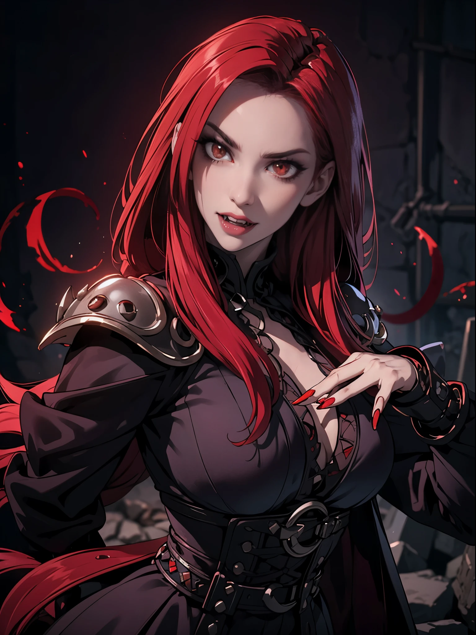 pale face, High vampire female, goth Renaissance, red hair, long hair, intricate, dark dress, glowing eyes, fantastical, vampire, fangs, hyper detailed, 32k resolution, volumetric lighting, hyper detailed, intricately detailed, Unreal Engine 5, volumetric lighting, monochrome backgound