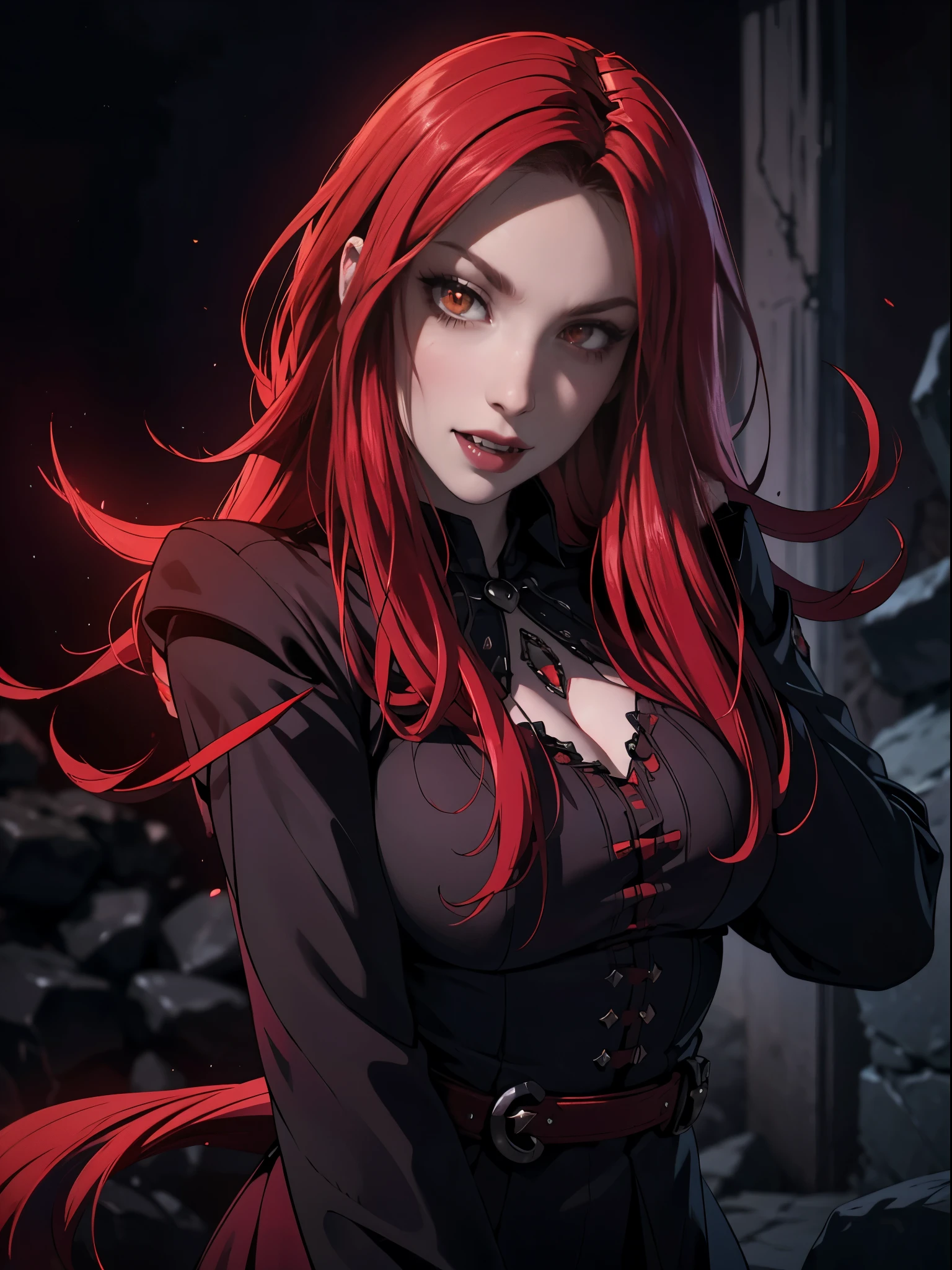 pale face, High vampire female, goth Renaissance, red hair, long hair, intricate, dark dress, glowing eyes, fantastical, vampire, fangs, hyper detailed, 32k resolution, volumetric lighting, hyper detailed, intricately detailed, Unreal Engine 5, volumetric lighting, monochrome backgound