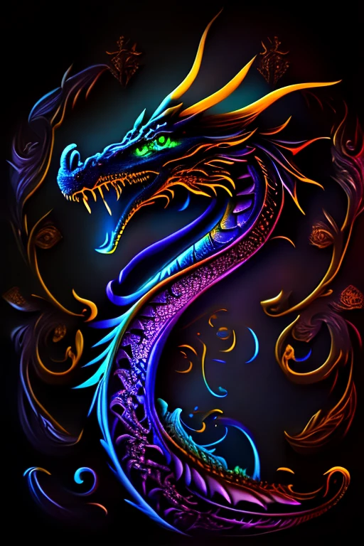 mysterious dragon, Black light painting, Arabesque background, HD